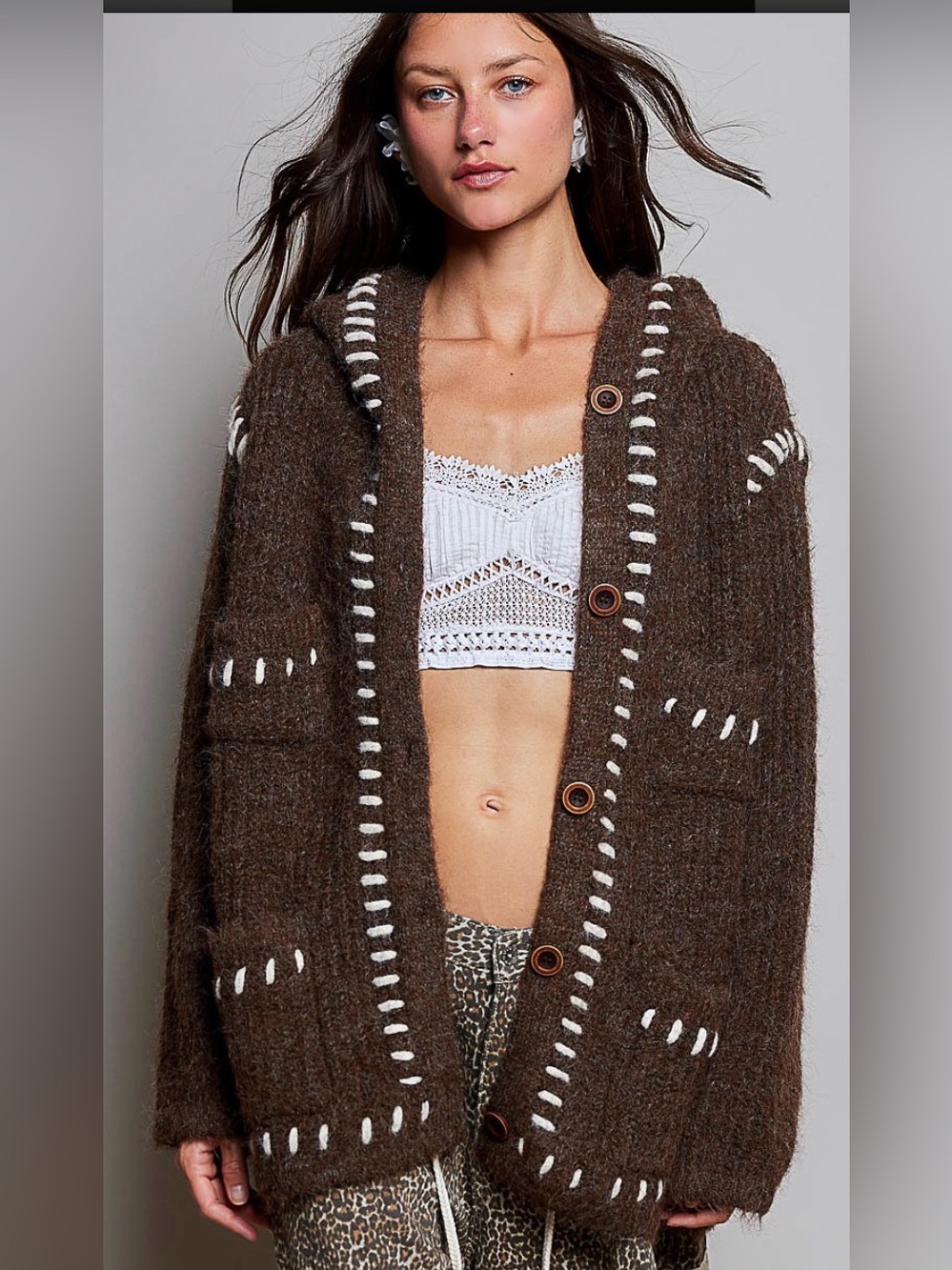 Oversized POL Brown Hooded Knit Cardigan with Contrast Stitching
